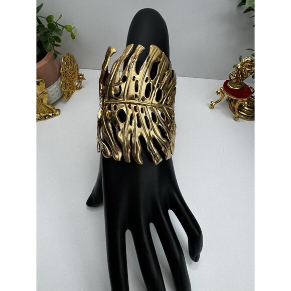 ZARA Gold Leaf Statement Cuff Bracelet Sculptural Openwork Wide Bangle Bold Maxi - Picture 1 of 11